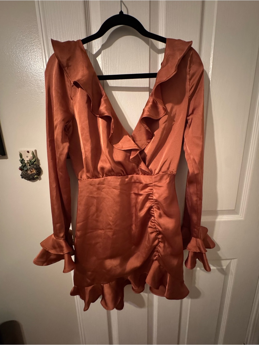 Majorelle Ruffled Satin Rust Mini Dress